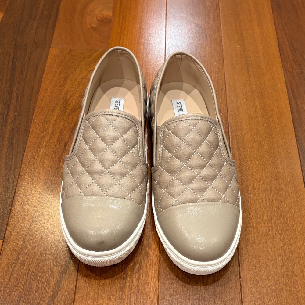 Steve Madden Quilted Taupe Slip-On Sneakers with White Sole